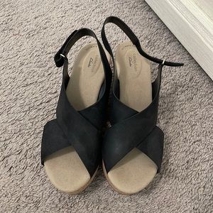 Brand new Clark’s black wedge sandals, size 11W